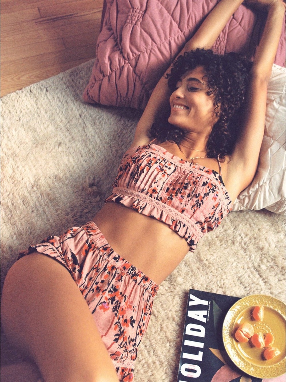 Anthropologie Pintucked Floral Bra Top & Lounge Shorts Set Orange XS/S